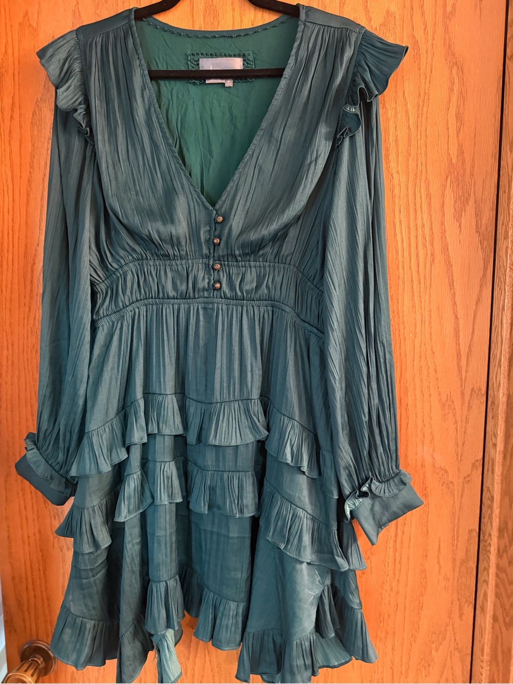 Anthropologie Teal Ruffled V-Neck Long-Sleeve Dress
